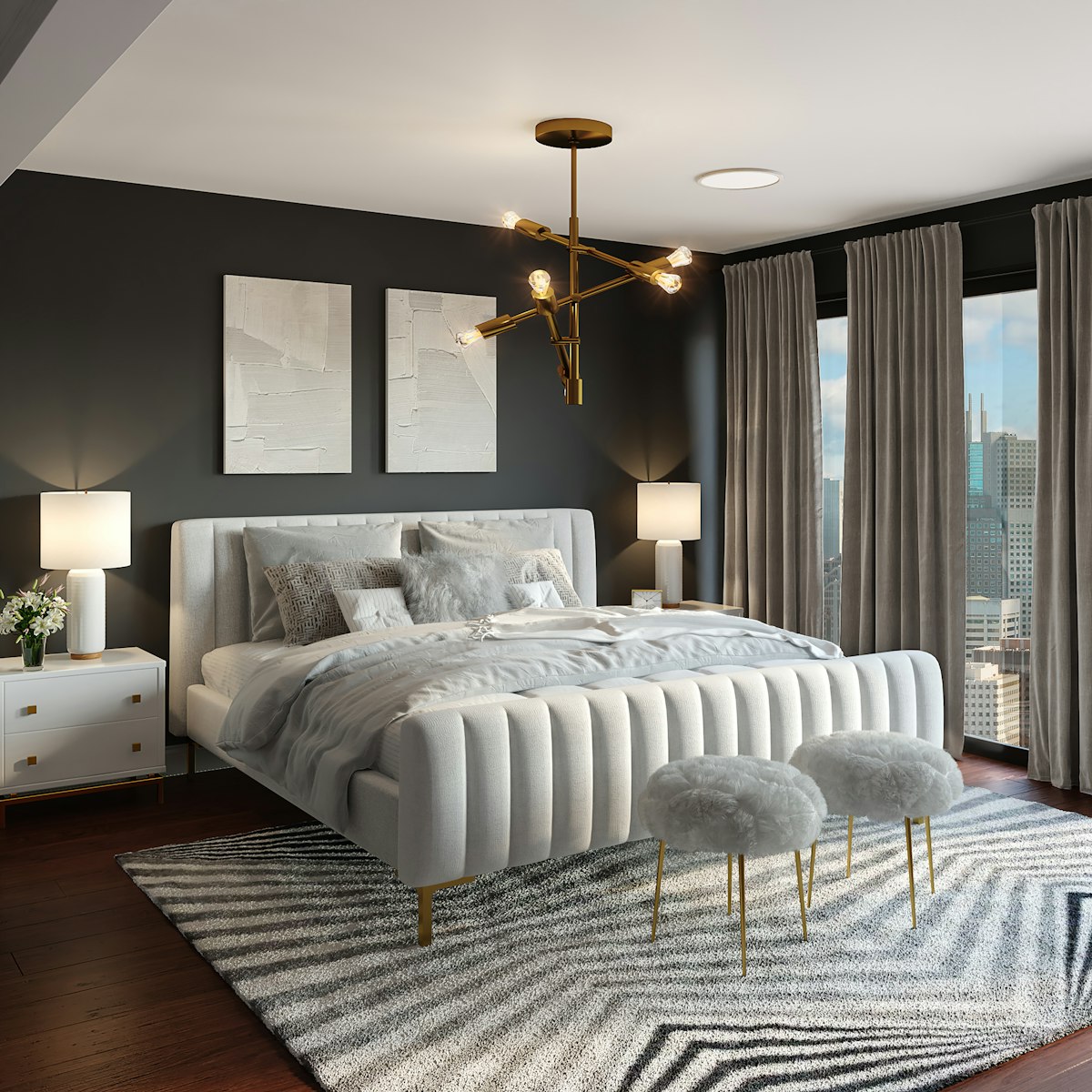Luxe opgemaakt bed met gestoffeerd hoofdbord